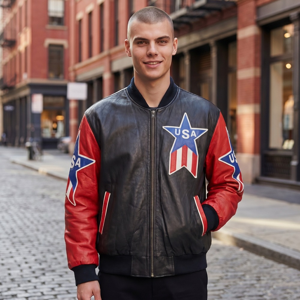 Michael Hoban Wheremi USA Leather Bomber Jacket Vintage 1991 Black Red Mens L